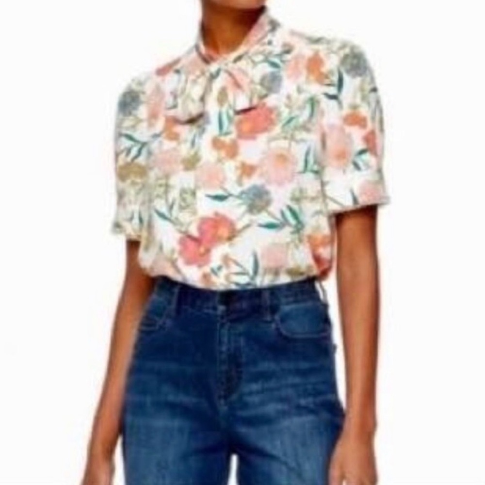 kate spade Cream Floral Tie-Neck Blouse with Pink & Green Accents - Picture 8 of 9